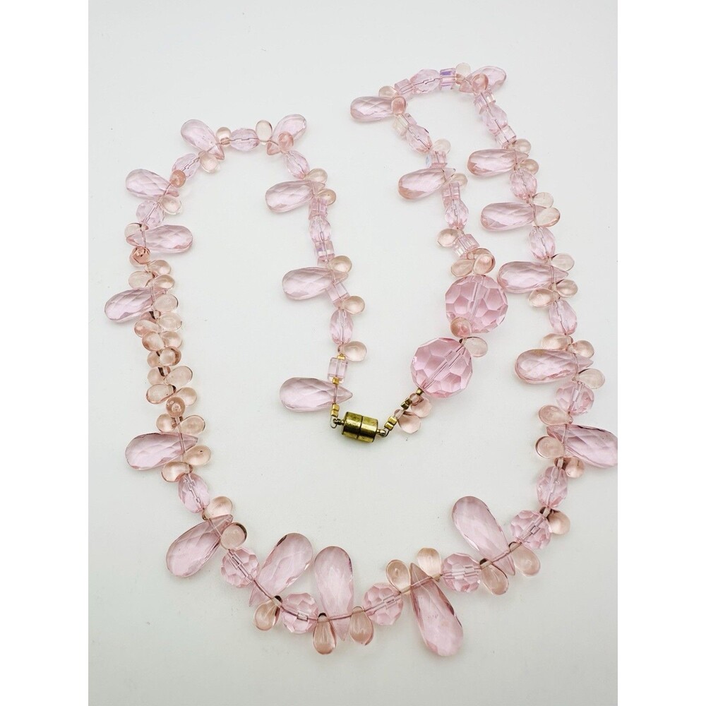 Vintage Faceted Pink Glass Bead Necklace Waterdrop Round 28”